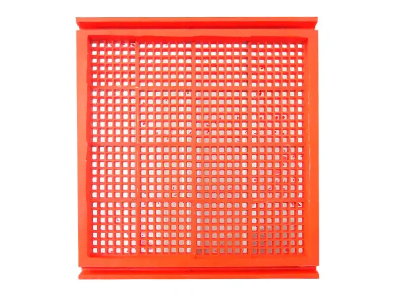 Red modular polyurethane panel with square apertures.