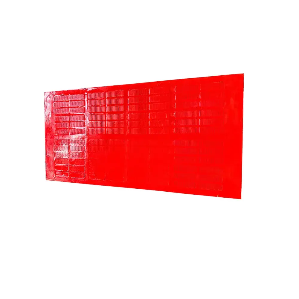 Fine slotted surface of a red polyurethane dewatering screen panel.