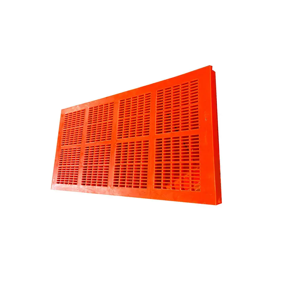 Underside view of a red polyurethane dewatering screen panel.